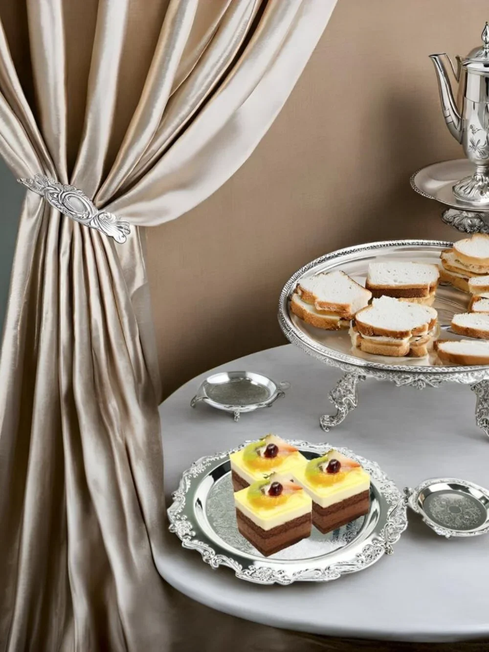 Set of 2 Decorative Round Metal Serving Trays | Reusable Snack & Dessert